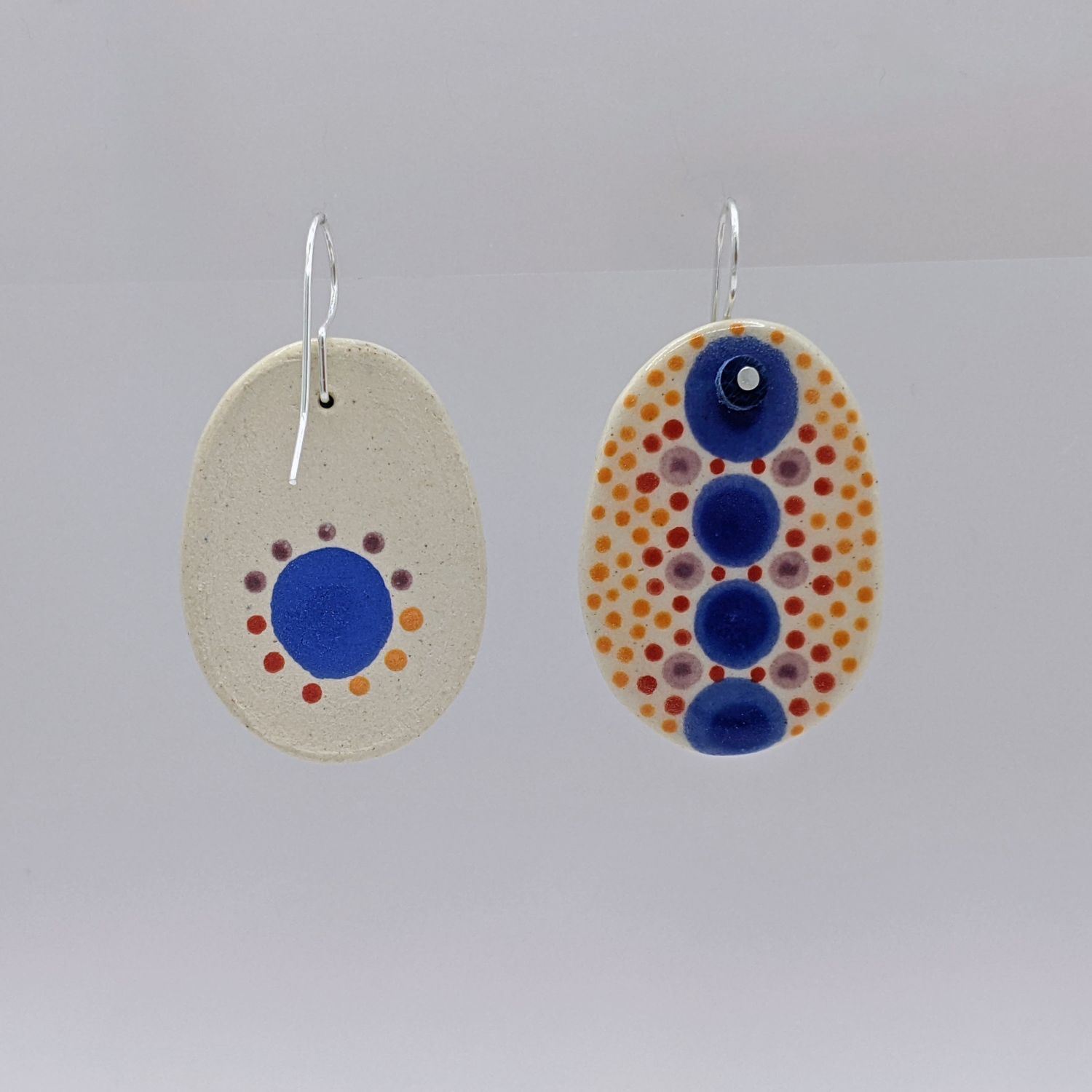 Here and Here: Blue and Multi-Coloured Dotted Ceramic Disc Earrings Product Image 2 of 2