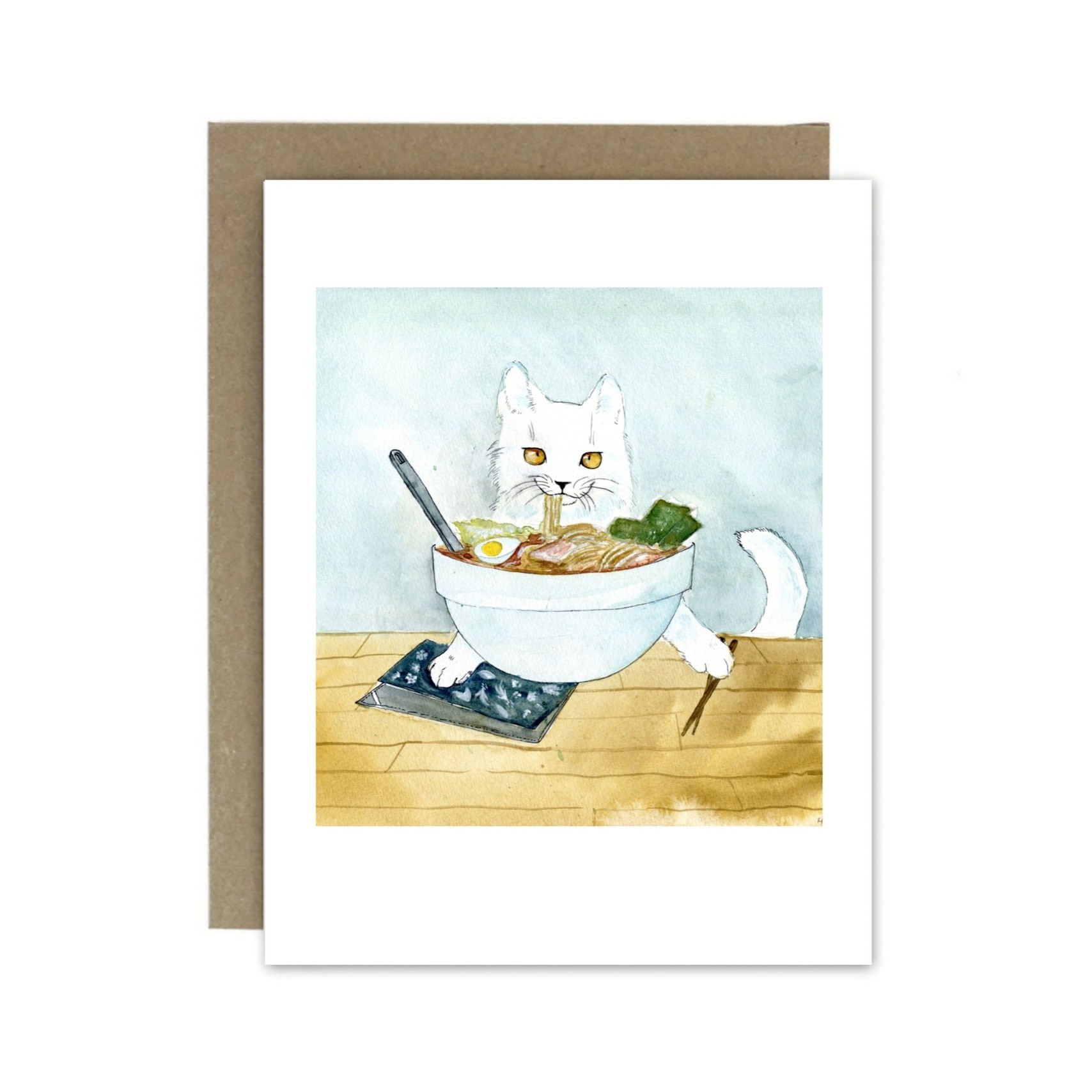 Chloe & Helen Art : Greeting Card – White Cat Eating Ramen Product Image 1 of 1
