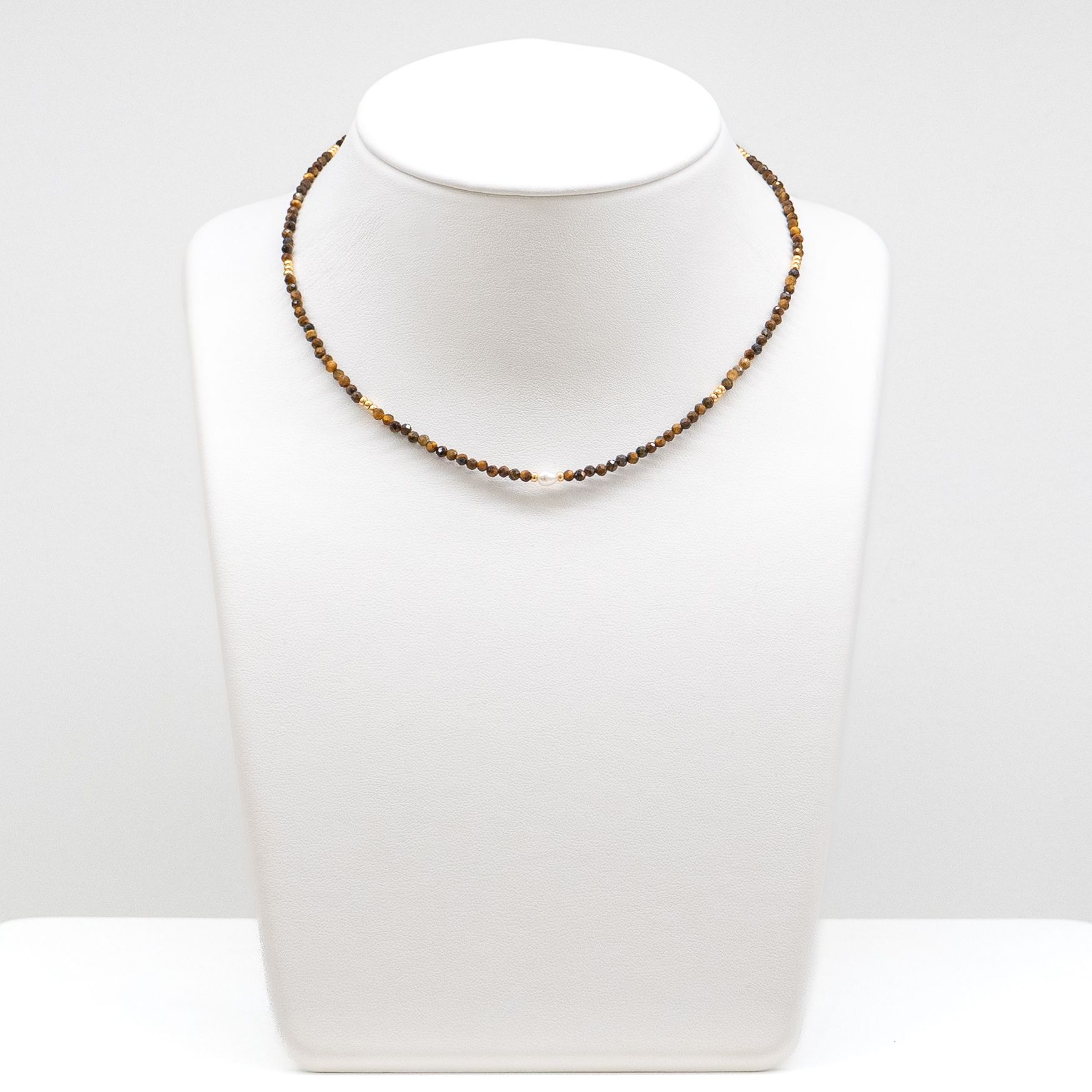Valentine Rouge Jewellery: Tiger Eye Beaded Necklace with Freshwater Pearl Product Image 2 of 2