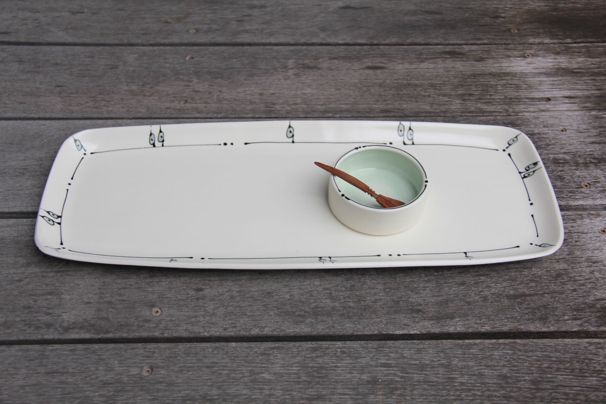 Iris Dorton: Large Tray with Circle Dot Motif, comes with Wood Spoon and Dish Product Image 6 of 7
