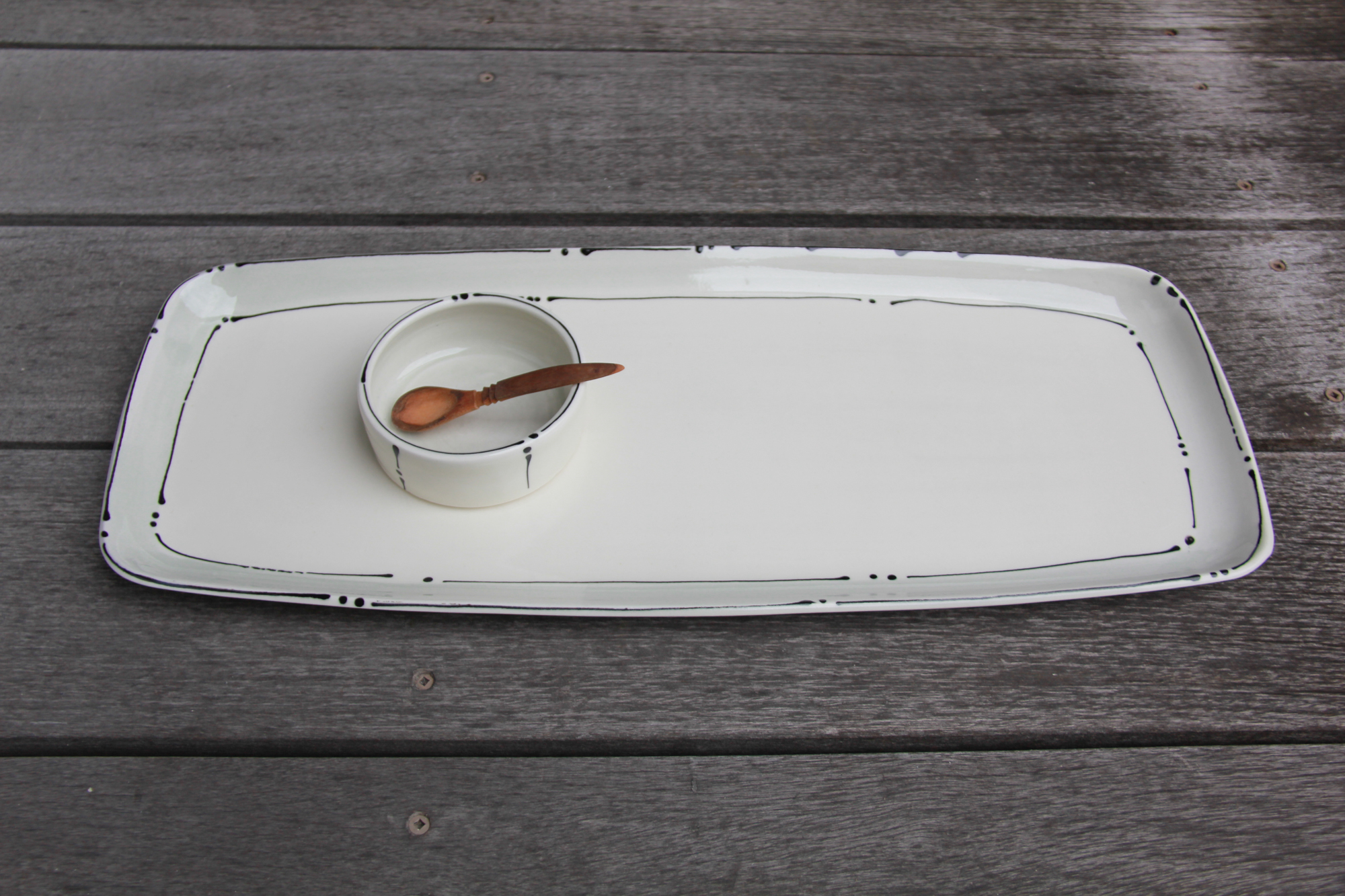 Iris Dorton: Large Tray with Circle Dot Motif, comes with Wood Spoon and Dish Product Image 1 of 7