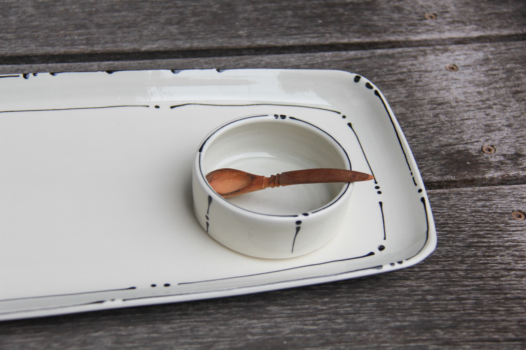 Iris Dorton: Large Tray with Circle Dot Motif, comes with Wood Spoon and Dish Product Image 7 of 7