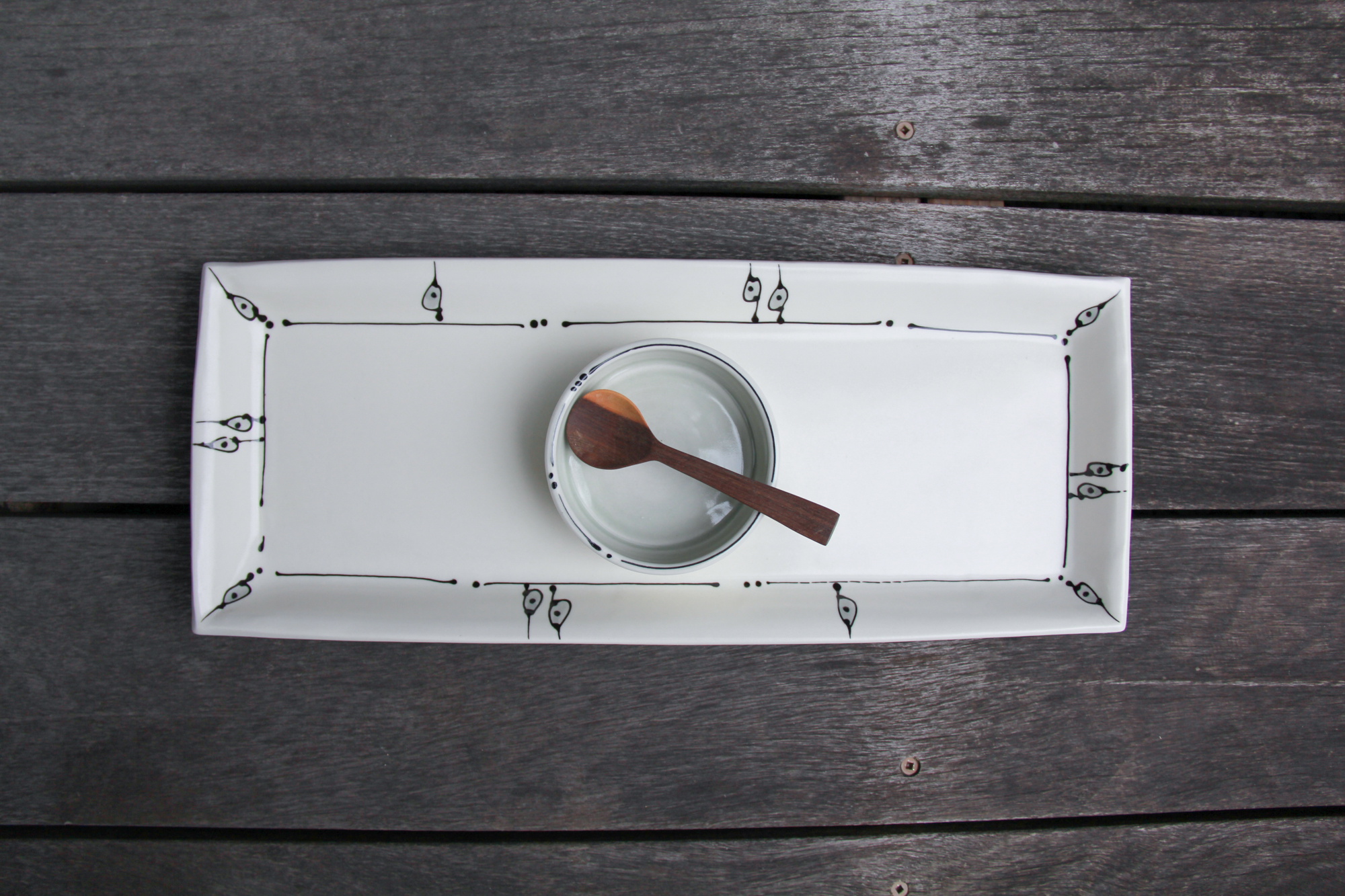Iris Dorton: Medium Tray with Circle Dot Line Motif, comes with Wood Spoon and Dish Product Image 1 of 11