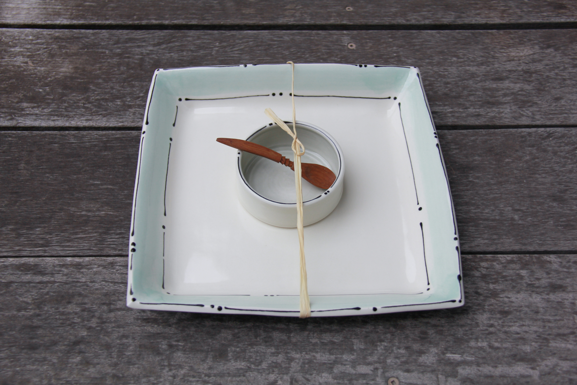 Iris Dorton: Medium Tray with Circle Dot Line Motif, comes with Wood Spoon and Dish Product Image 8 of 11