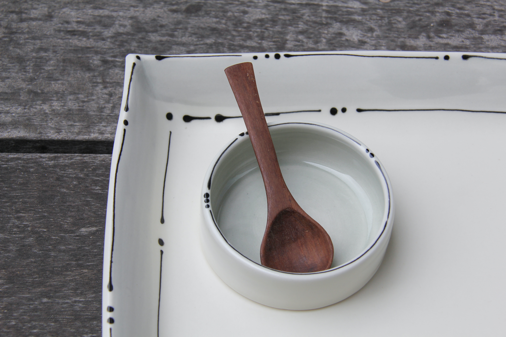 Iris Dorton: Medium Tray with Circle Dot Line Motif, comes with Wood Spoon and Dish Product Image 2 of 11