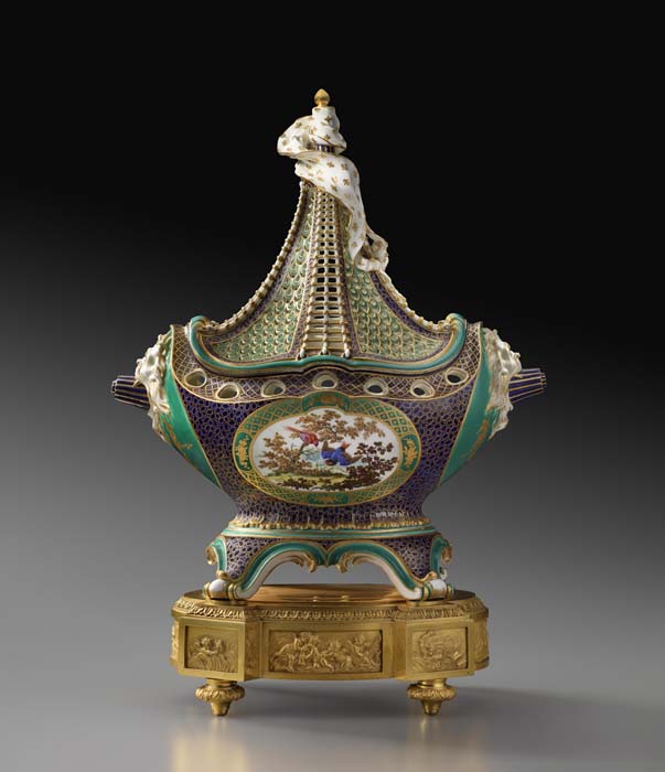 Factory: Sèvres Porcelain Manufactory Model by: Jean-Claude Duplessis (c.1695- 1774) Pot-Pourris Vase in the Shape of a Masted Ship, c. 1759 soft-paste porcelain on gilt bronze plinth 17 1/2 x 14 7/8 x 7 1/2 in. (44.5 x 37.8 x 19.1 cm) Henry Clay Frick Bequest Accession number: 1916.9.07