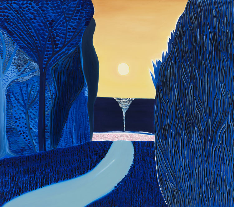 Painting of a path through a blue forest and a yellow sky