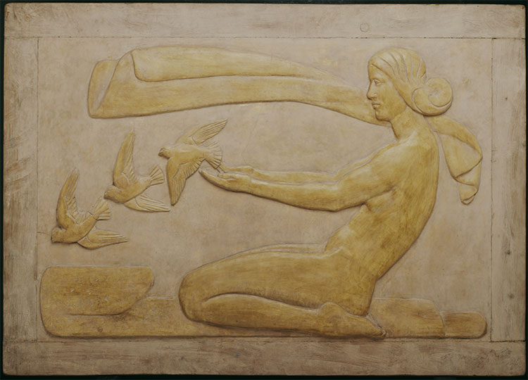Relief sculpture of a woman releasing birds
