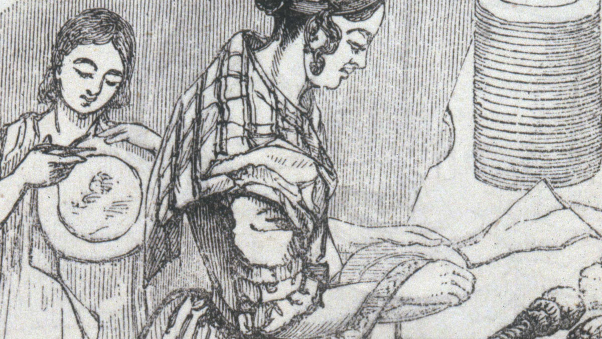 Historical drawing of a woman and child making pottery