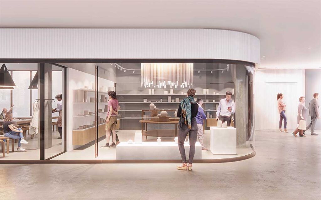 Rendering of the new Gardiner Shop with people browsing