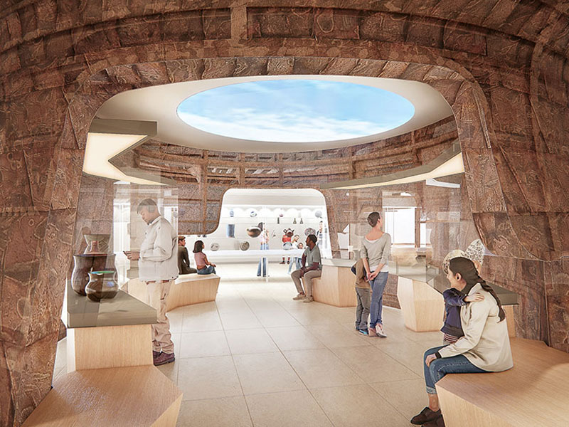 An architectural rendering of the Gallery of Indigenous Ceramics. It features a large copper vessel form with an oculus with a projection of the sky.
