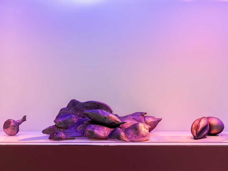 Ceramic sculptures referencing fruit forms with pink and purple lighting