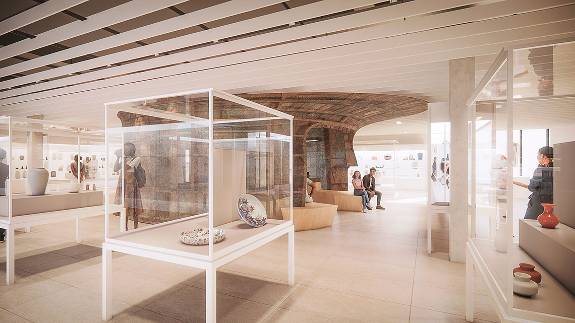 An architectural rendering of the new ground-floor galleries with a large glass case in front of the Gallery of Indigenous Ceramics, which is made up of a large copper vessel form.