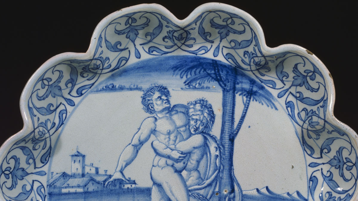 Detail of a blue and white maiolica dish with Hercules and Antaeus,