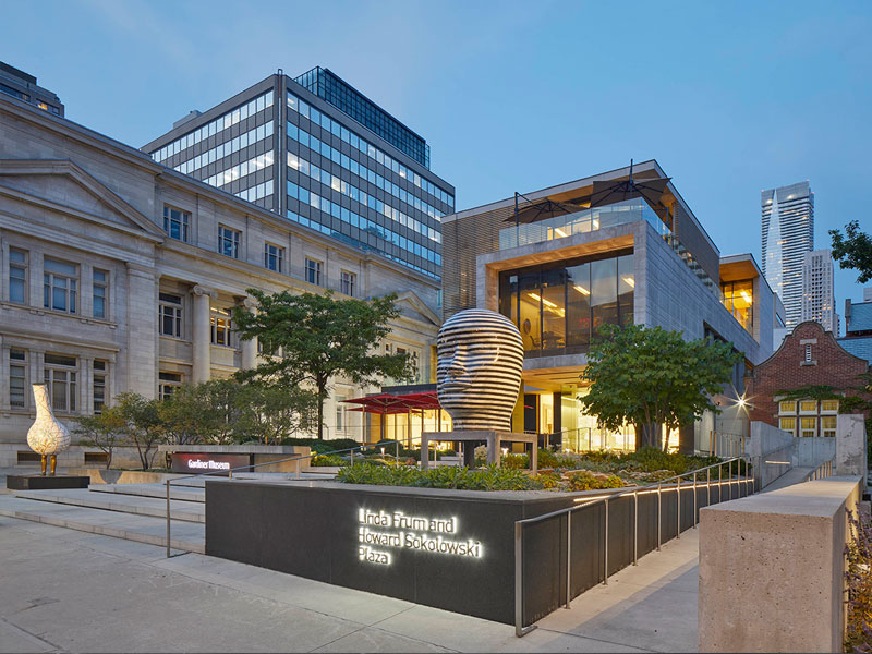 The exterior of the Gardiner Museum at twilight