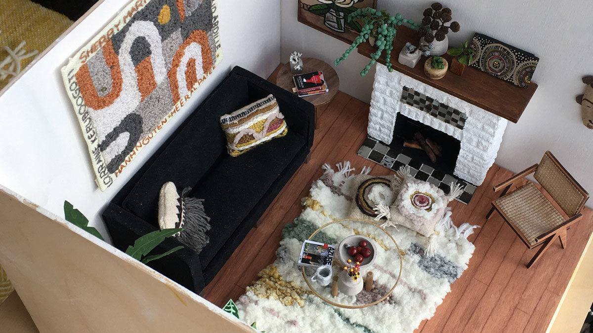 Miniature diorama of a living room