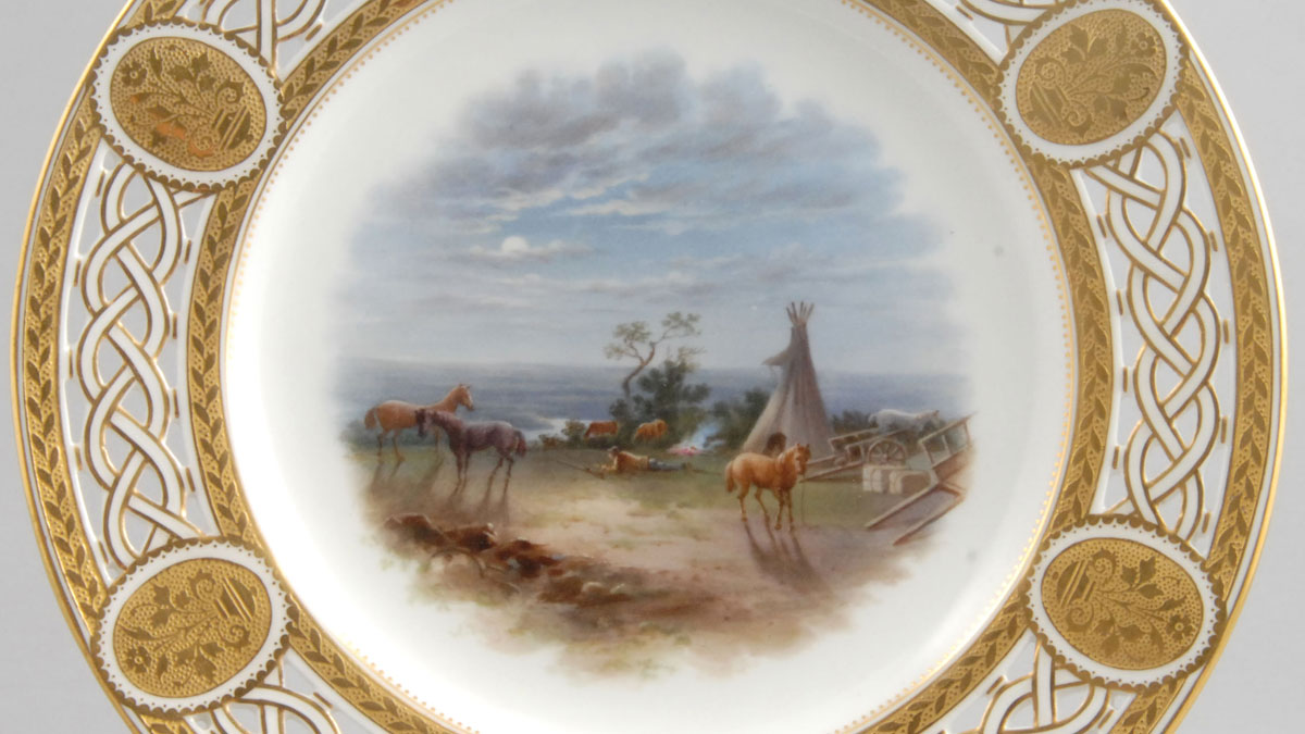 Dessert Plate from the Milton Service, “Our Night on Eagle River – Expecting the Crees” (detail), c. 1867, England, Minton, Purchased with a gift from N. Robert Cumming, G04.20.1
