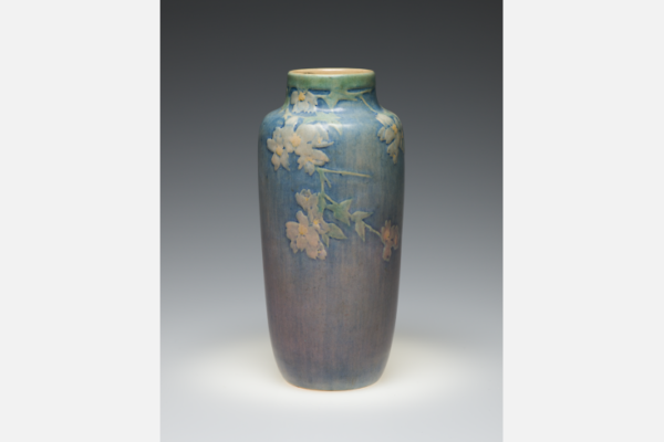 Vase, c. 1925. Moon and pine landscape design. Low relief carving, underglaze with matte glaze. Anna Frances Simpson, decorator; Joseph Meyer, potter. Haynie Family Collection.