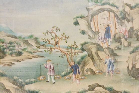 Chinese watercolour showing people gathering clay to make porcelain