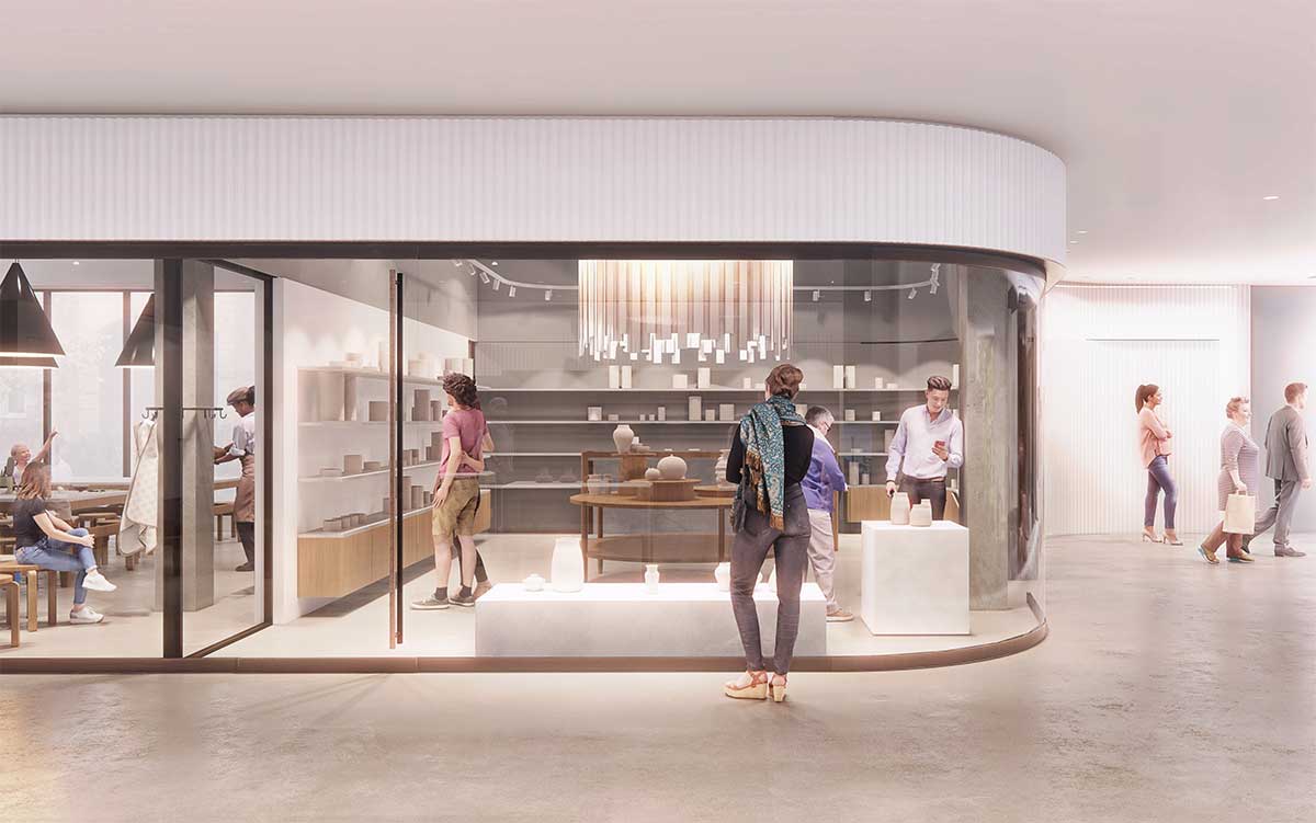 Rendering of the new Gardiner Shop with visitors browsing