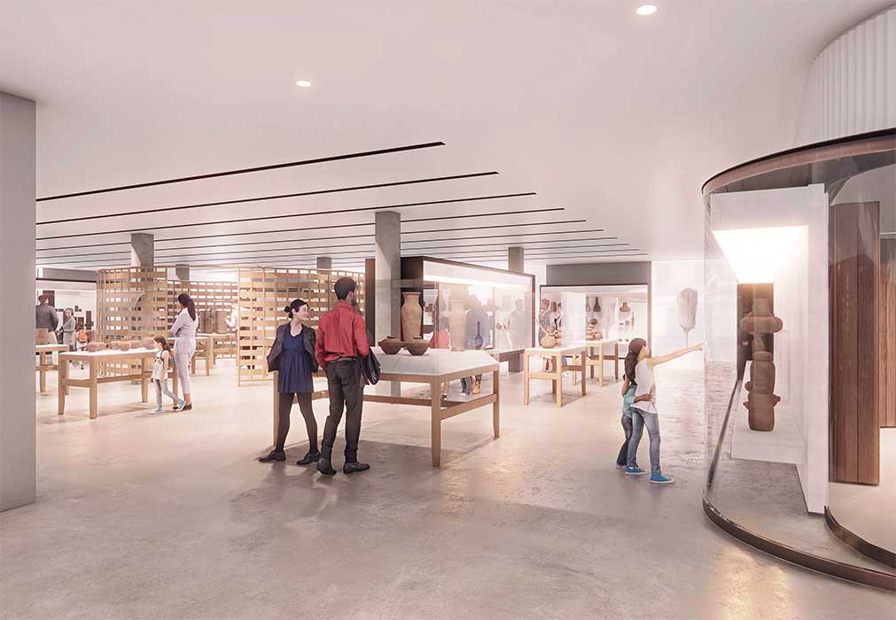 Rendering of the new ground floor gallery space with visitors looking at objects in cases