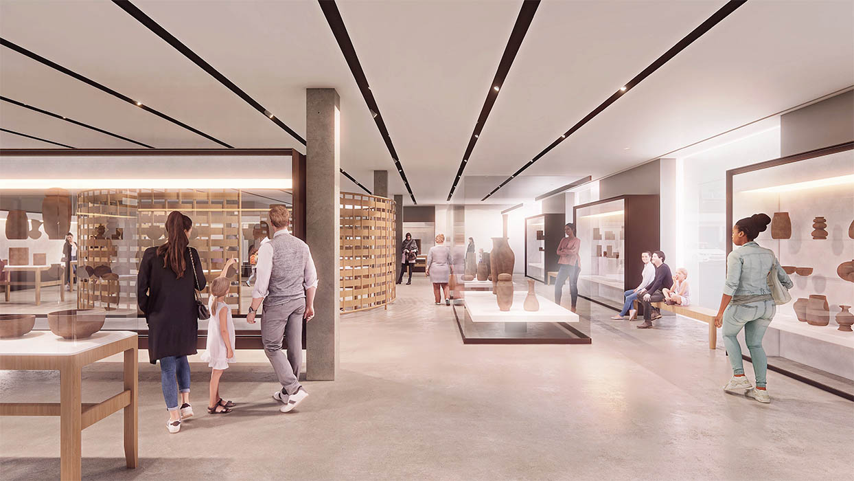 Rendering of the new ground floor gallery space with visitors looking at objects in cases