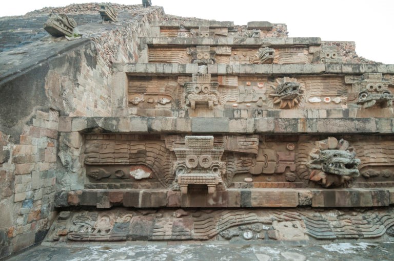 Facade of the Feathered Serpent Pyramid, assembled as a mosaic of large and small sculptures. Photograph by Jorge Pérez de Lara Elías, © INAH. Image courtesy of the FAMSF