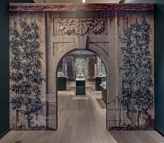 Painted garden archway leading into an exhibition