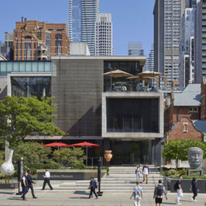 Exterior of the Gardiner Museum with people walking in front of the building.