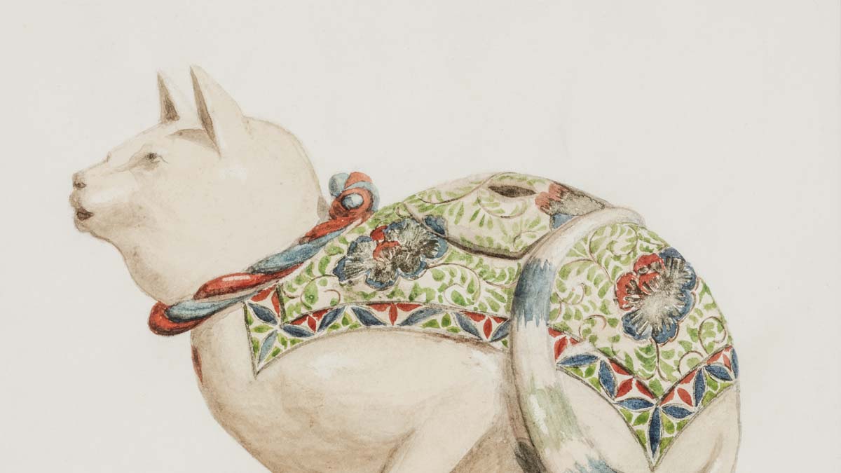 William Van Horne, Incense burner in the shape of a sitting cat (detail), 1896, watercolour on paper, 22.5 x 18 cm, Courtesy of Sally Hannon. Photo by Toni Hafkenscheid.