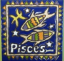 Tile painted with two fish and Pisces symbolism